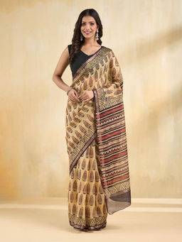 Fabindia - Beige Silk Blend Bagru Printed Saree