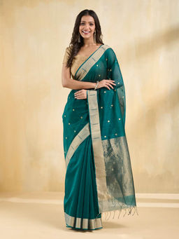 Fabindia - Teal Cotton Silk Blend Chanderi Saree