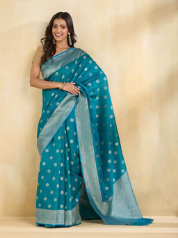 Fabindia - Teal Cotton Silk Blend Saree