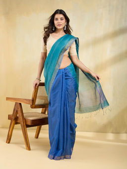 Fabindia - Blue Viscose Silk Blend Hand Woven Saree
