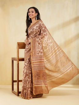 Fabindia - Brown Cotton Silk Blend Hand Block Printed Saree