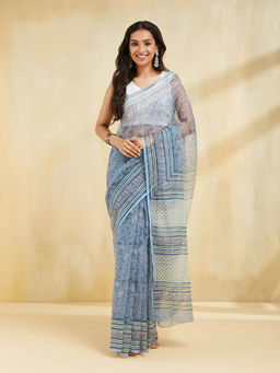 Fabindia - Blue Cotton Silk Printed Saree