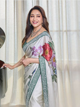 VAIRAGEE - Grey Soft Satin Floral Printed Saree with Unstitched Blouse
