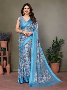 VAIRAGEE - Blue Soft Satin Floral Printed Saree with Unstitched Blouse
