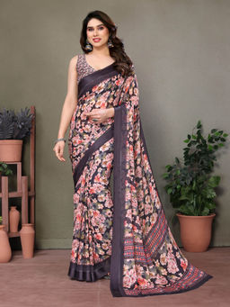 VAIRAGEE - Black Soft Satin Floral Printed Saree with Unstitched Blouse