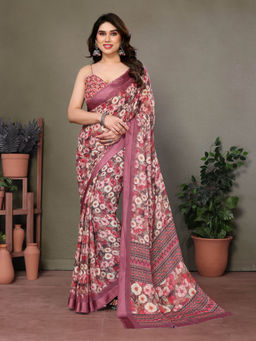 VAIRAGEE - Rose Gold Soft Satin Floral Printed Saree with Unstitched Blouse