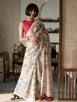 VAIRAGEE - Off White Soft Khadi Floral Printed Saree with Unstitched Blouse