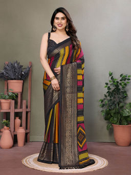 VAIRAGEE - Black Moss Satin Printed Saree with Unstitched Blouse