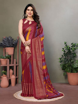 VAIRAGEE - Maroon Moss Satin Printed Saree with Unstitched Blouse
