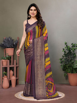 VAIRAGEE - Wine Moss Satin Printed Saree with Unstitched Blouse