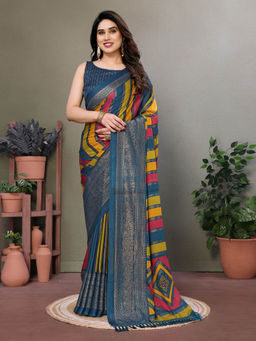 VAIRAGEE - Blue Moss Satin Printed Saree with Unstitched Blouse