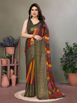 VAIRAGEE - Mehndi Moss Satin Printed Saree with Unstitched Blouse