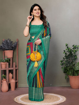 VAIRAGEE - Rama Green Moss Satin Printed Saree with Unstitched Blouse
