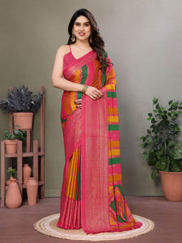 VAIRAGEE - Pink Moss Satin Printed Saree with Unstitched Blouse