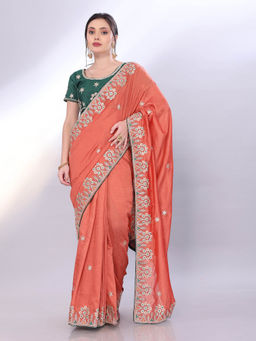 VAIRAGEE - Peach Vichitra Silk Floral Embroidery Saree With Unstitched Blouse