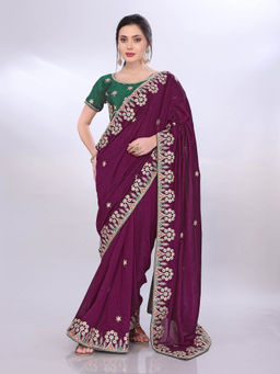 VAIRAGEE - Wine Vichitra Silk Floral Embroidery Saree With Unstitched Blouse