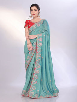 VAIRAGEE - Sky Blue Vichitra Silk Floral Embroidery Saree With Unstitched Blouse