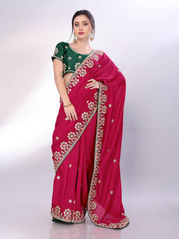 VAIRAGEE - Pink Vichitra Silk Floral Embroidery Saree With Unstitched Blouse