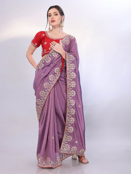 VAIRAGEE - Lavender Vichitra Silk Floral Embroidery Saree With Unstitched Blouse