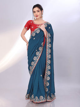VAIRAGEE - Blue Vichitra Silk Floral Embroidery Saree With Unstitched Blouse