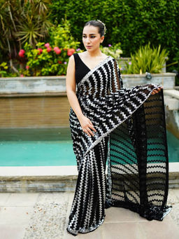 VAIRAGEE - Black Georgette chevron Sequence pattern saree With Unstitched Blouse