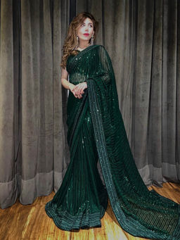 VAIRAGEE - Green Georgette Stripes Sequence pattern saree With Unstitched Blouse