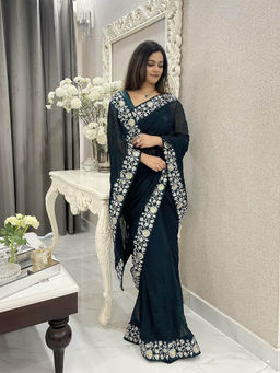 VAIRAGEE - Teal Georgette Embroidery Saree With Unstitched Blouse