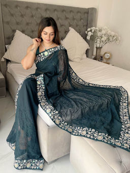 VAIRAGEE - Navy Blue Georgette Embroidery Saree With Unstitched Blouse