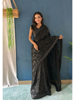 VAIRAGEE - Black Georgette Embroidery Saree With Unstitched Blouse