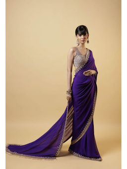 VAIRAGEE - Purple Georgette Floral Embroidery Saree With Unstitched Blouse