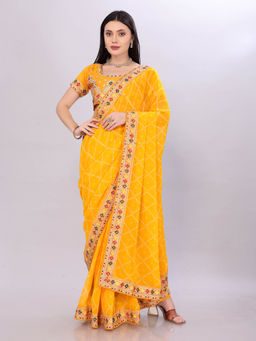 VAIRAGEE - Yellow Georgette Bandhani Embroidery Saree With Unstitched Blouse