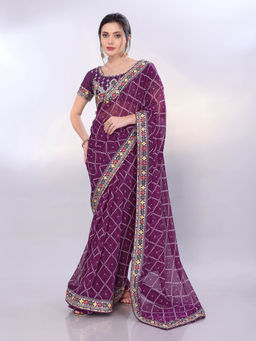 VAIRAGEE - Wine Georgette Bandhani Embroidery Saree With Unstitched Blouse