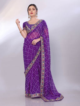 VAIRAGEE - Purple Georgette Bandhani Embroidery Saree With Unstitched Blouse