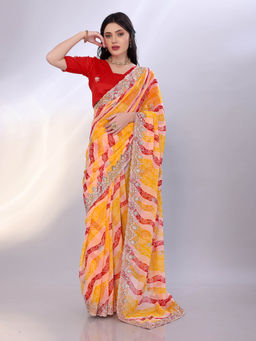 VAIRAGEE - Yellow Georgette Bandhani Embroidery Saree With Unstitched Blouse
