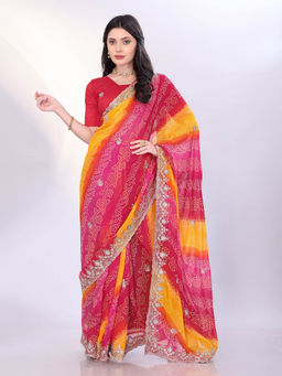 VAIRAGEE - Pink Georgette Bandhani Embroidery Saree With Unstitched Blouse