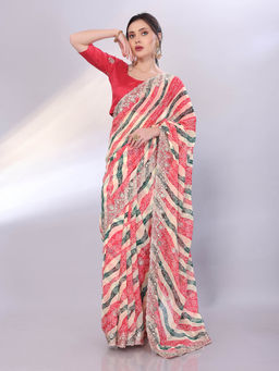 VAIRAGEE - Multi Color Georgette Bandhani Embroidery Saree With Unstitched Blouse