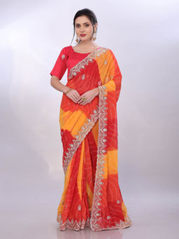 VAIRAGEE - Red Georgette Bandhani Embroidery Saree With Unstitched Blouse