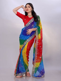 VAIRAGEE - Blue Georgette Bandhani Embroidery Saree With Unstitched Blouse