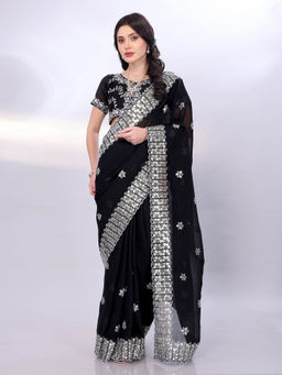 VAIRAGEE - Black Crunchy Organza Silk Sequence And Embroidery Saree With Unstitched Blouse