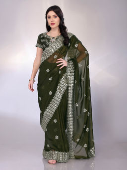 VAIRAGEE - Olive Crunchy Organza Silk Embroidery Saree With Unstitched Blouse