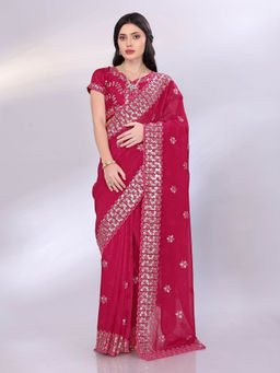 VAIRAGEE - Pink Crunchy Organza Silk Embroidery Saree With Unstitched Blouse