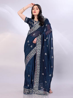 VAIRAGEE - Blue Crunchy Organza Silk Floral Embroidery Saree With Unstitched Blouse