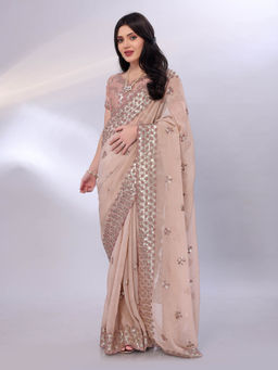 VAIRAGEE - Beige Crunchy Organza Silk Embroidery Saree With Unstitched Blouse