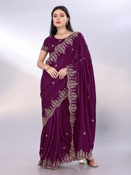 VAIRAGEE - Wine Vichitra Silk Embroidery Saree With Unstitched Blouse