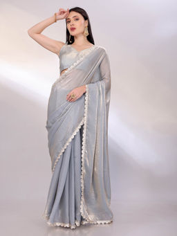 VAIRAGEE - Grey Fendy Silk Embroidery Saree With Unstitched Blouse