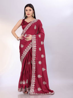 VAIRAGEE - Maroon Silk Embroidery Saree With Unstitched Blouse