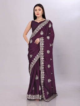 VAIRAGEE - Wine Silk Embroidery Saree With Unstitched Blouse