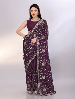 VAIRAGEE - Wine Silk Embroidery Saree With Unstitched Blouse