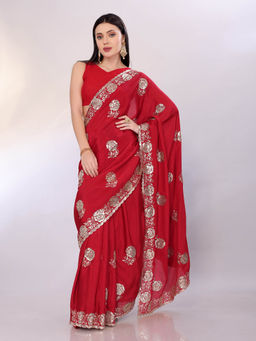 VAIRAGEE - Red Chinon Silk Embroidery Saree With Unstitched Blouse