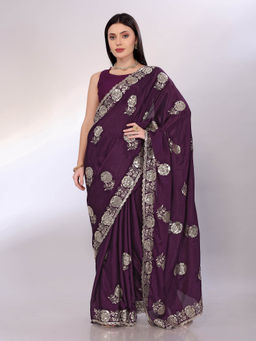 VAIRAGEE - Purple Chinon Silk Embroidery Saree With Unstitched Blouse